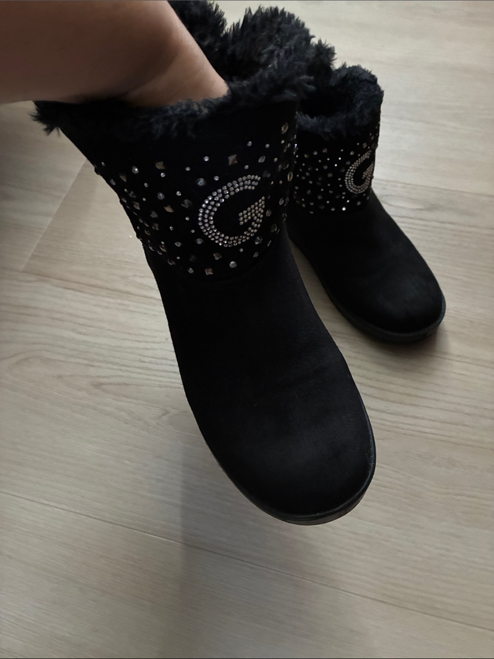 Guess Black Faux-Suede Winter Boots with Crystal 'G' Accent